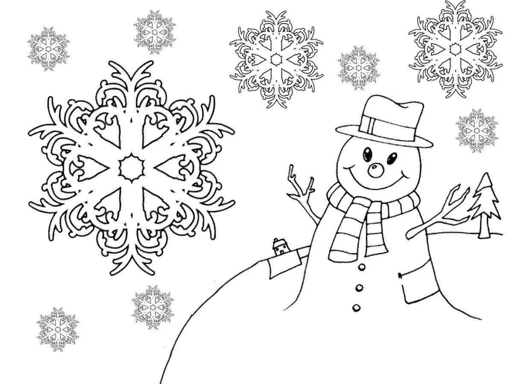 Kolorowanka bałwan wita spadające płatki śniegu